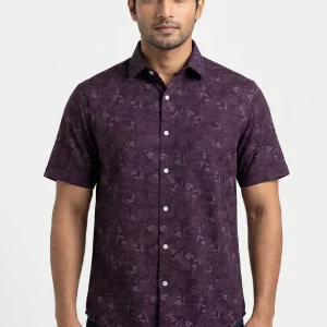 Burgundy Floral Casual Half Shirt